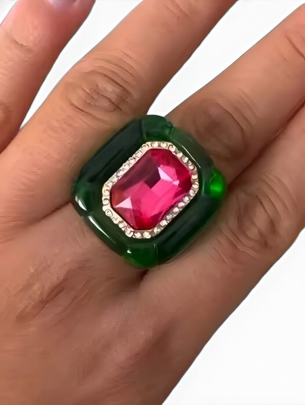 Green Resin & Pink Rhinestone Ring, Diamond Studded, Similar to Swarovski NWOT